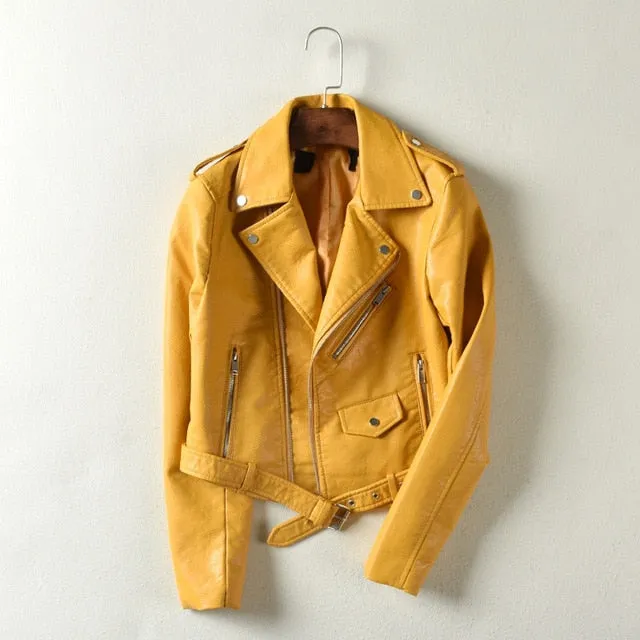 Autumn Winter Street Women's Short Washed PU Leather Jacket Zipper Bright Colors Ladies Basic Jackets