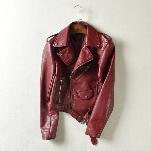 Autumn Winter Street Women's Short Washed PU Leather Jacket Zipper Bright Colors Ladies Basic Jackets