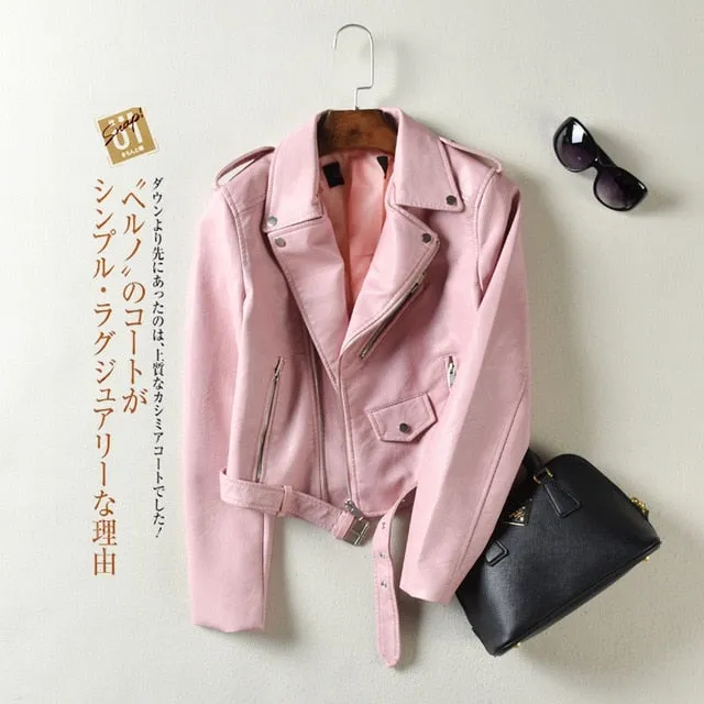 Autumn Winter Street Women's Short Washed PU Leather Jacket Zipper Bright Colors Ladies Basic Jackets