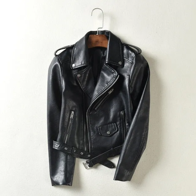 Autumn Winter Street Women's Short Washed PU Leather Jacket Zipper Bright Colors Ladies Basic Jackets