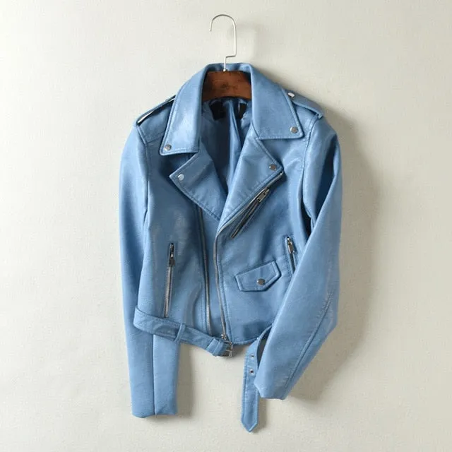 Autumn Winter Street Women's Short Washed PU Leather Jacket Zipper Bright Colors Ladies Basic Jackets
