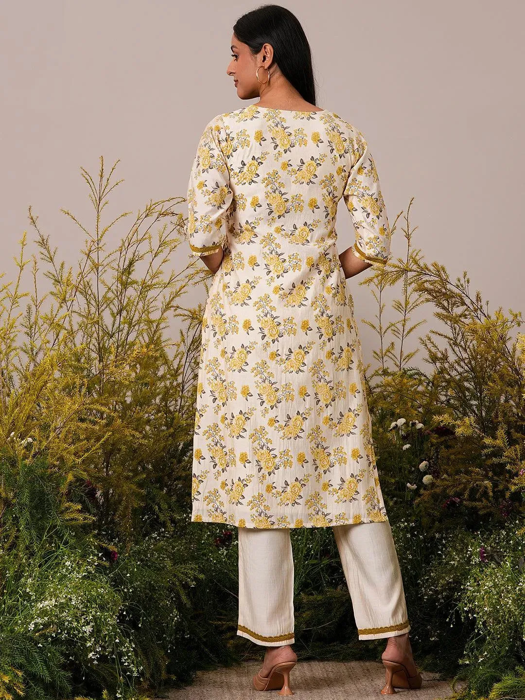 Beige Printed Chanderi Silk Straight Kurta Set