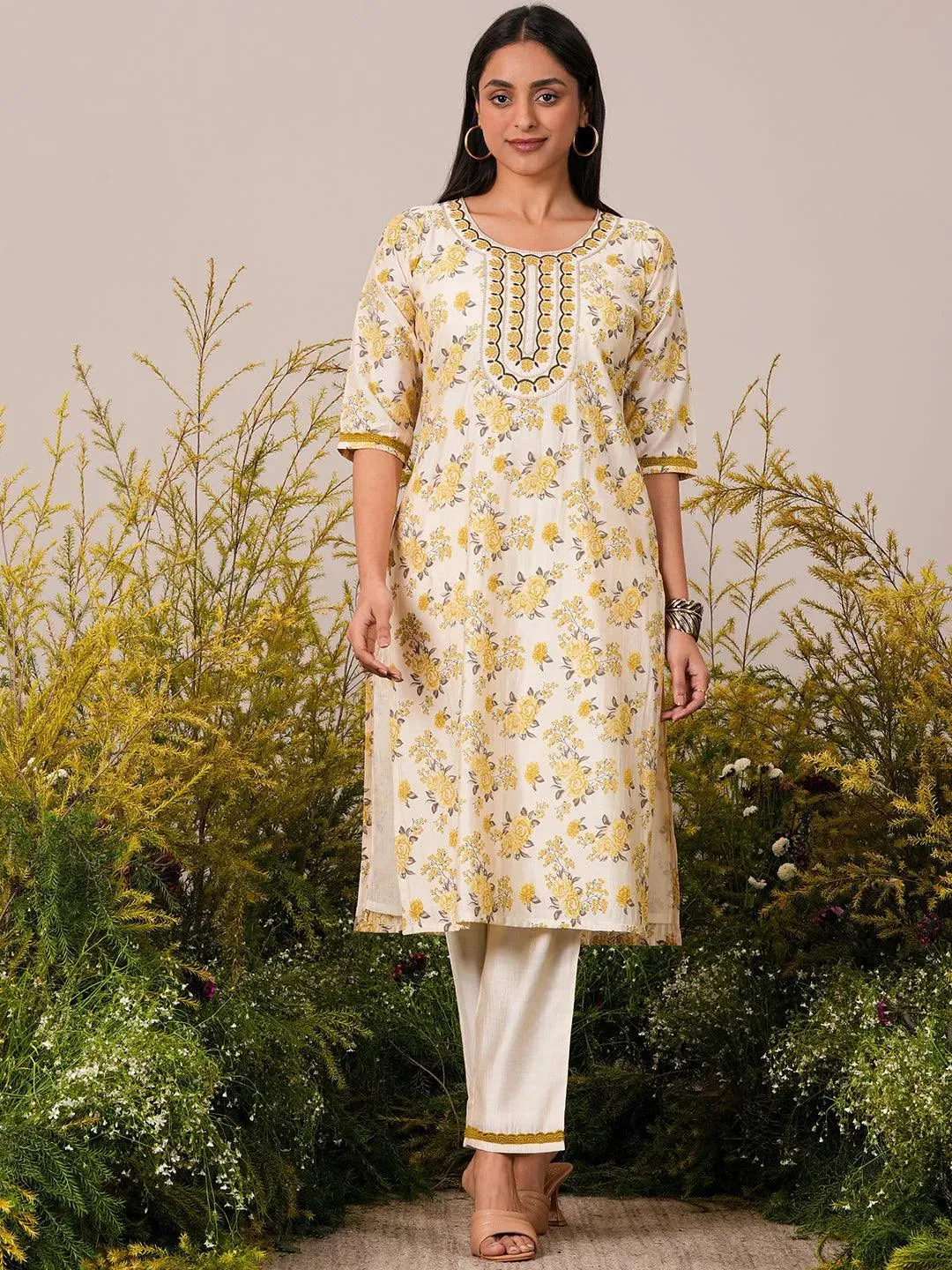 Beige Printed Chanderi Silk Straight Kurta Set