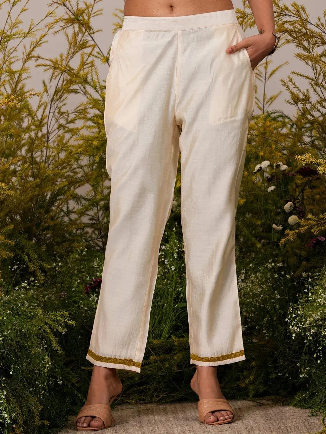 Beige Printed Chanderi Silk Straight Kurta Set
