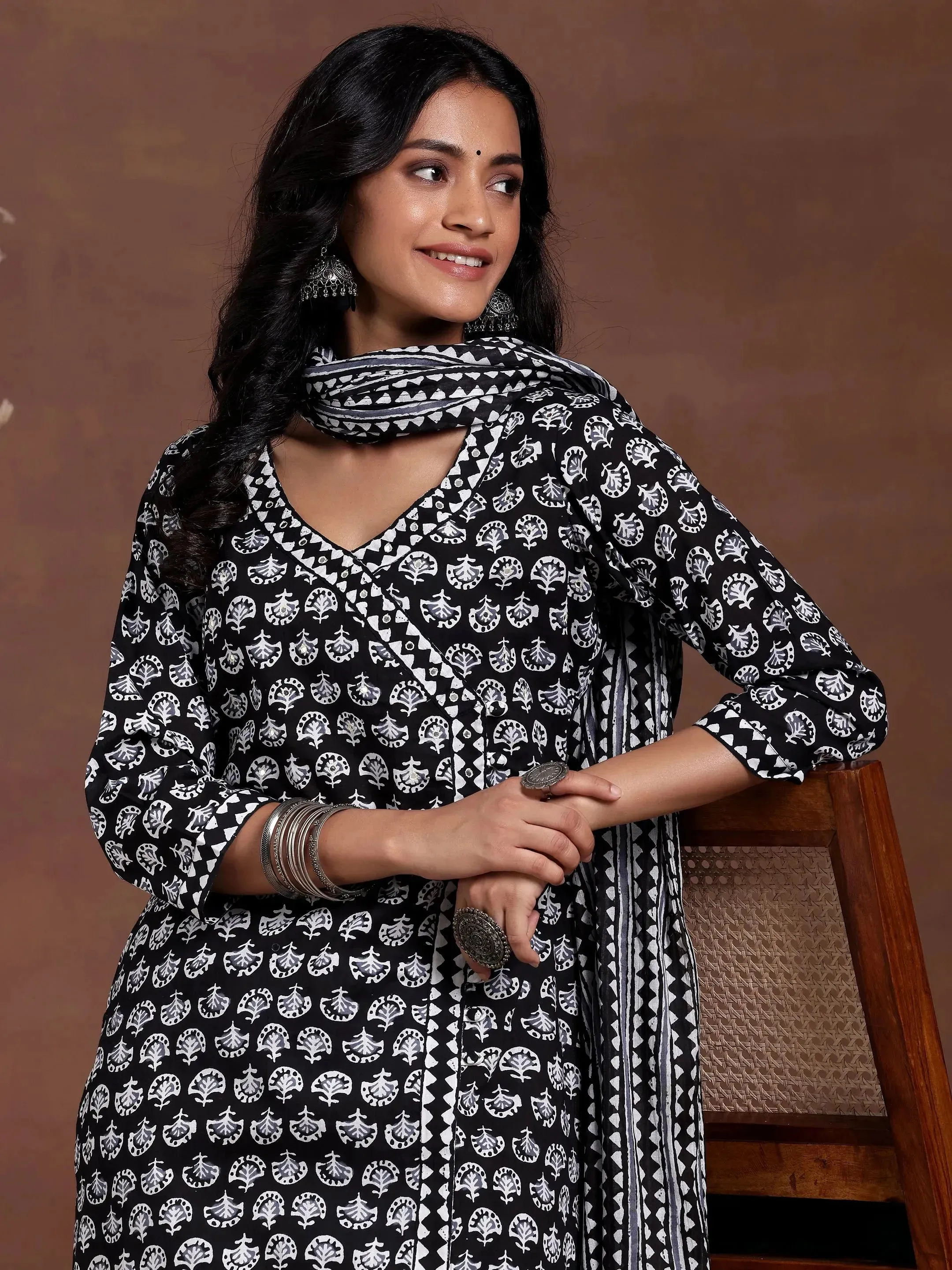 Black Printed Cotton Straight Suit With Dupatta