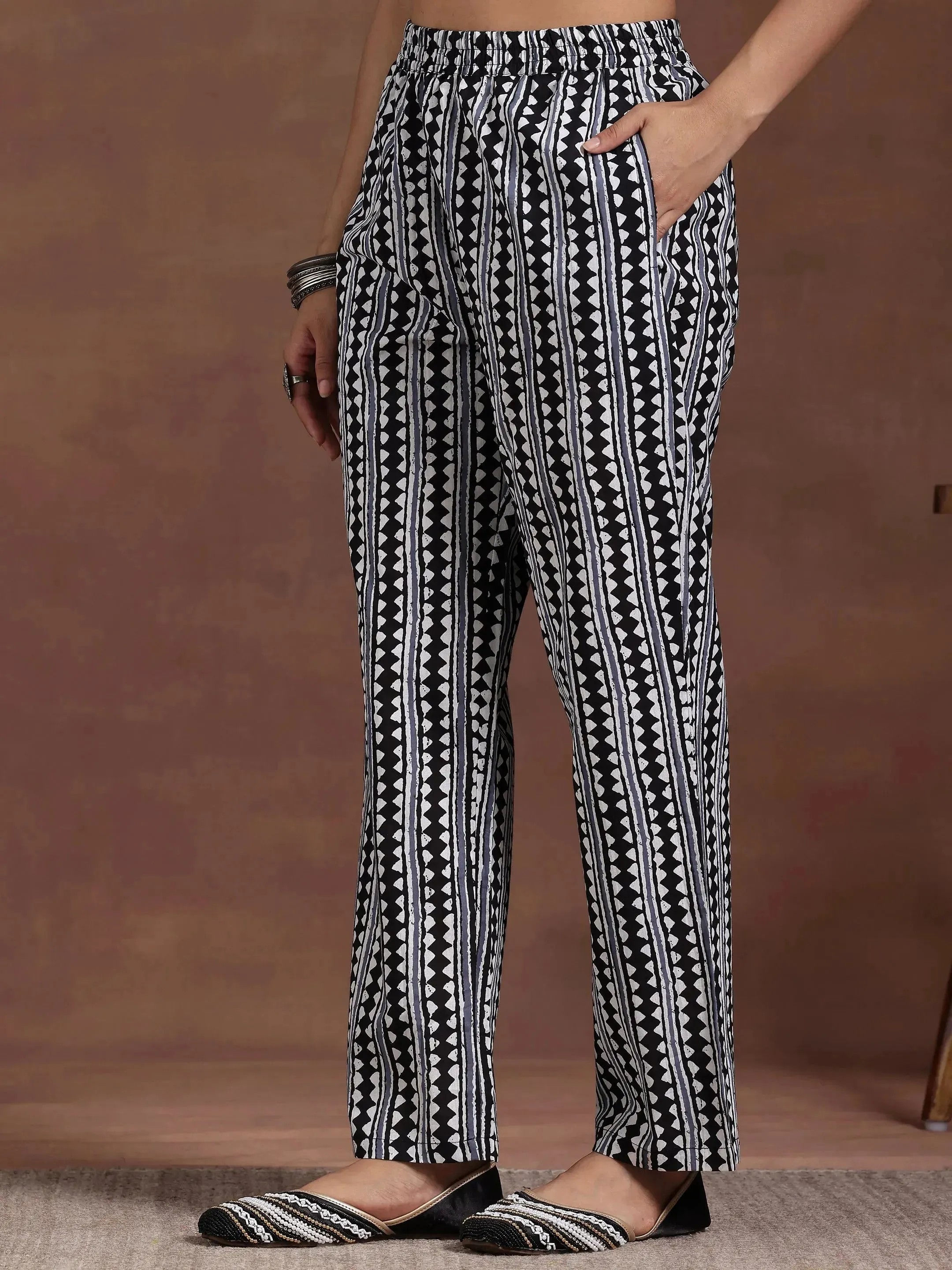 Black Printed Cotton Straight Suit With Dupatta