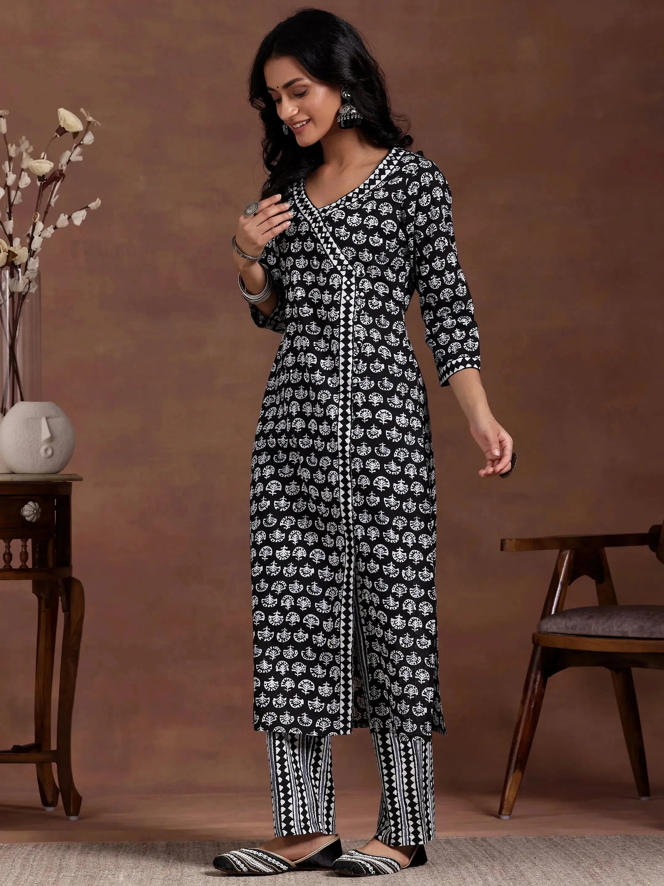 Black Printed Cotton Straight Suit With Dupatta