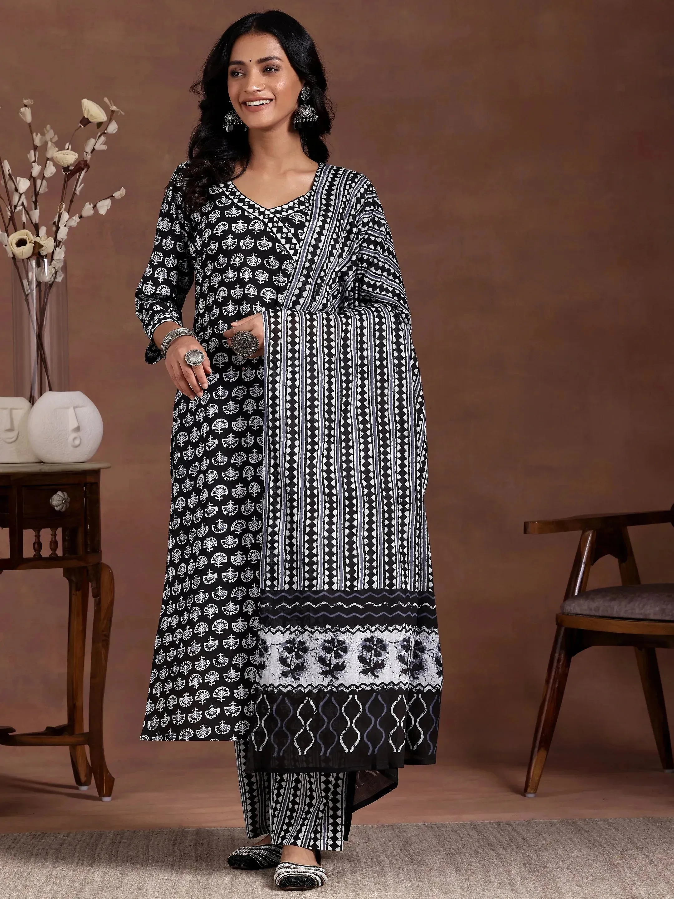 Black Printed Cotton Straight Suit With Dupatta