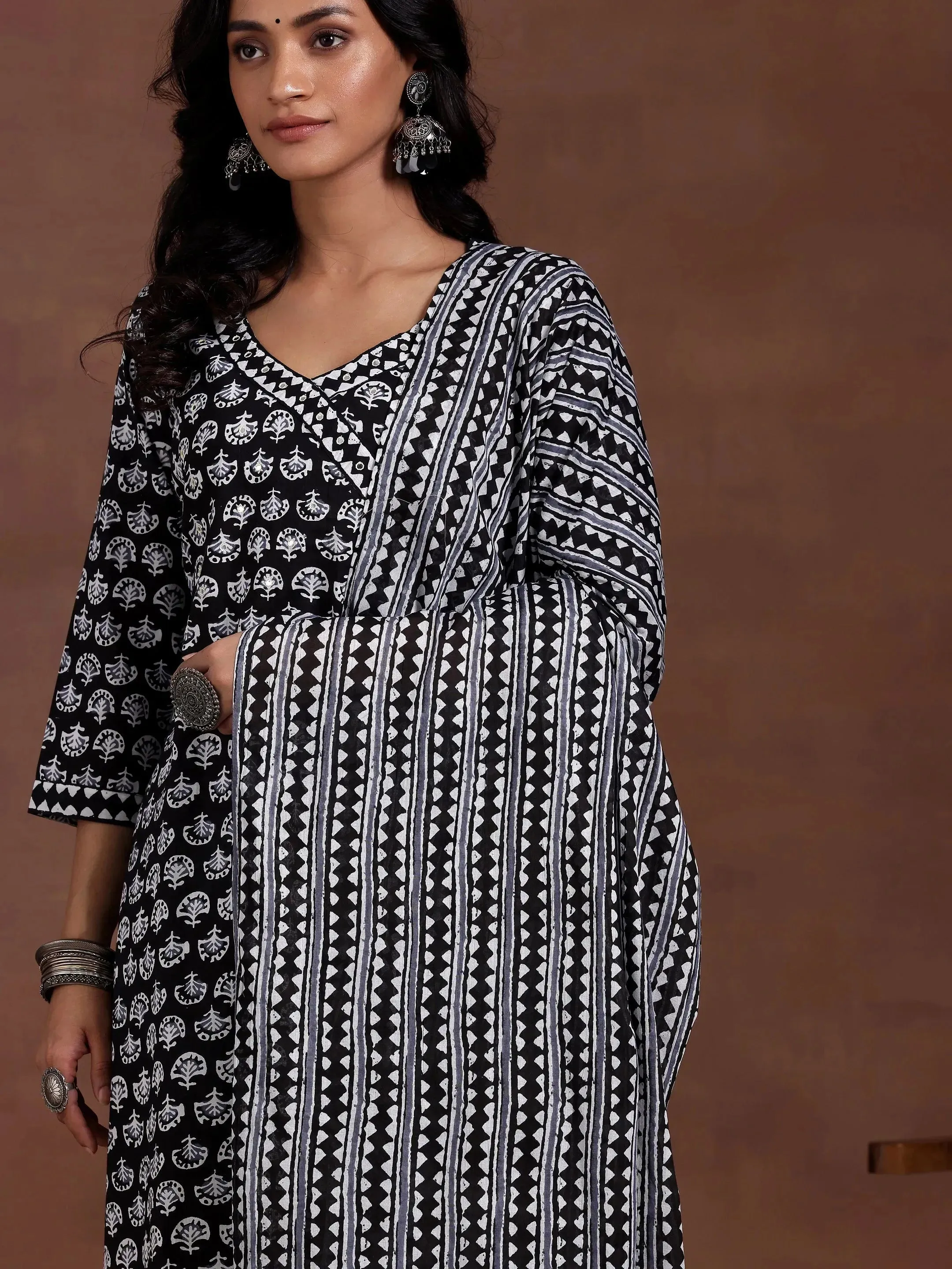Black Printed Cotton Straight Suit With Dupatta