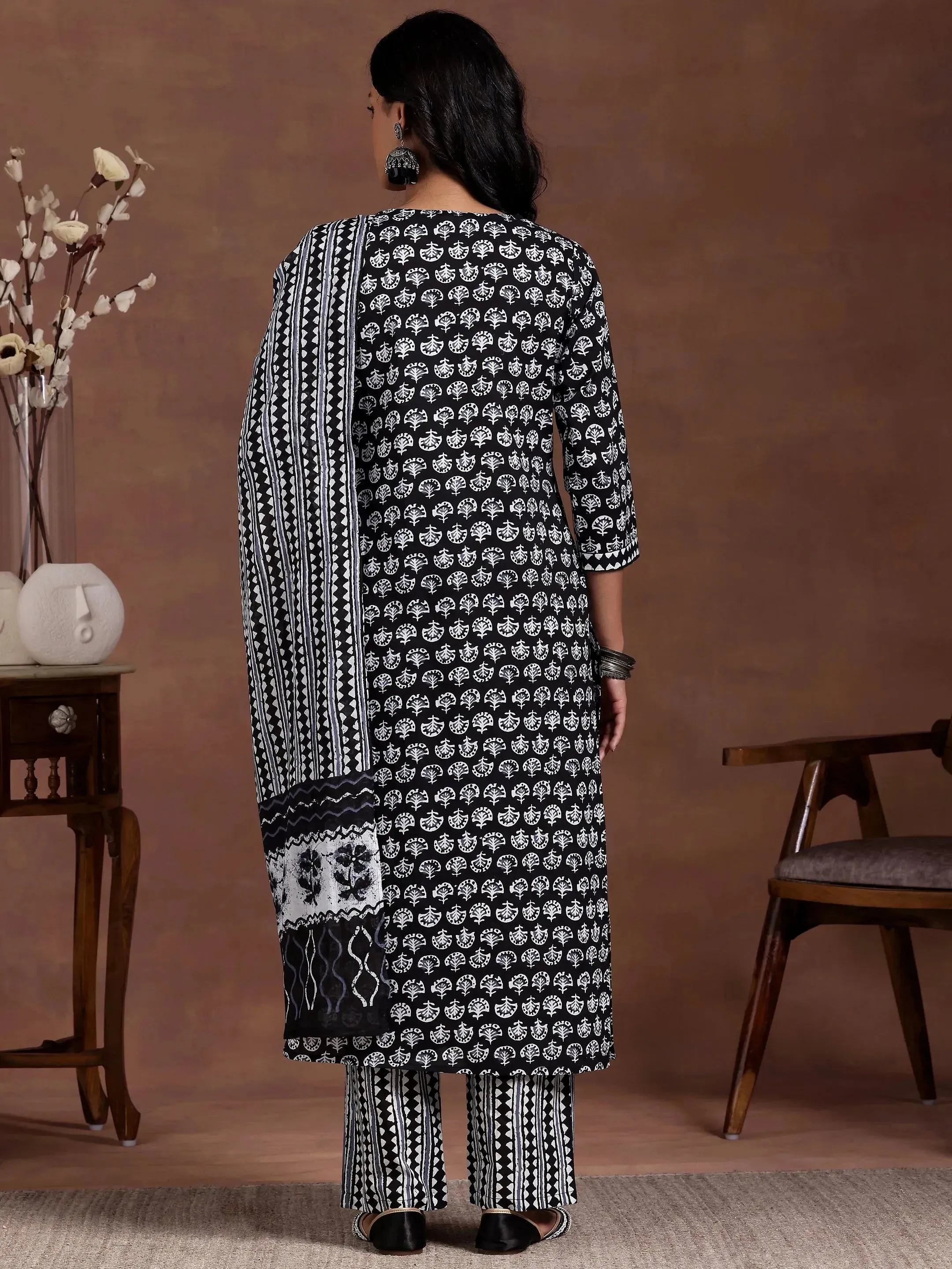 Black Printed Cotton Straight Suit With Dupatta