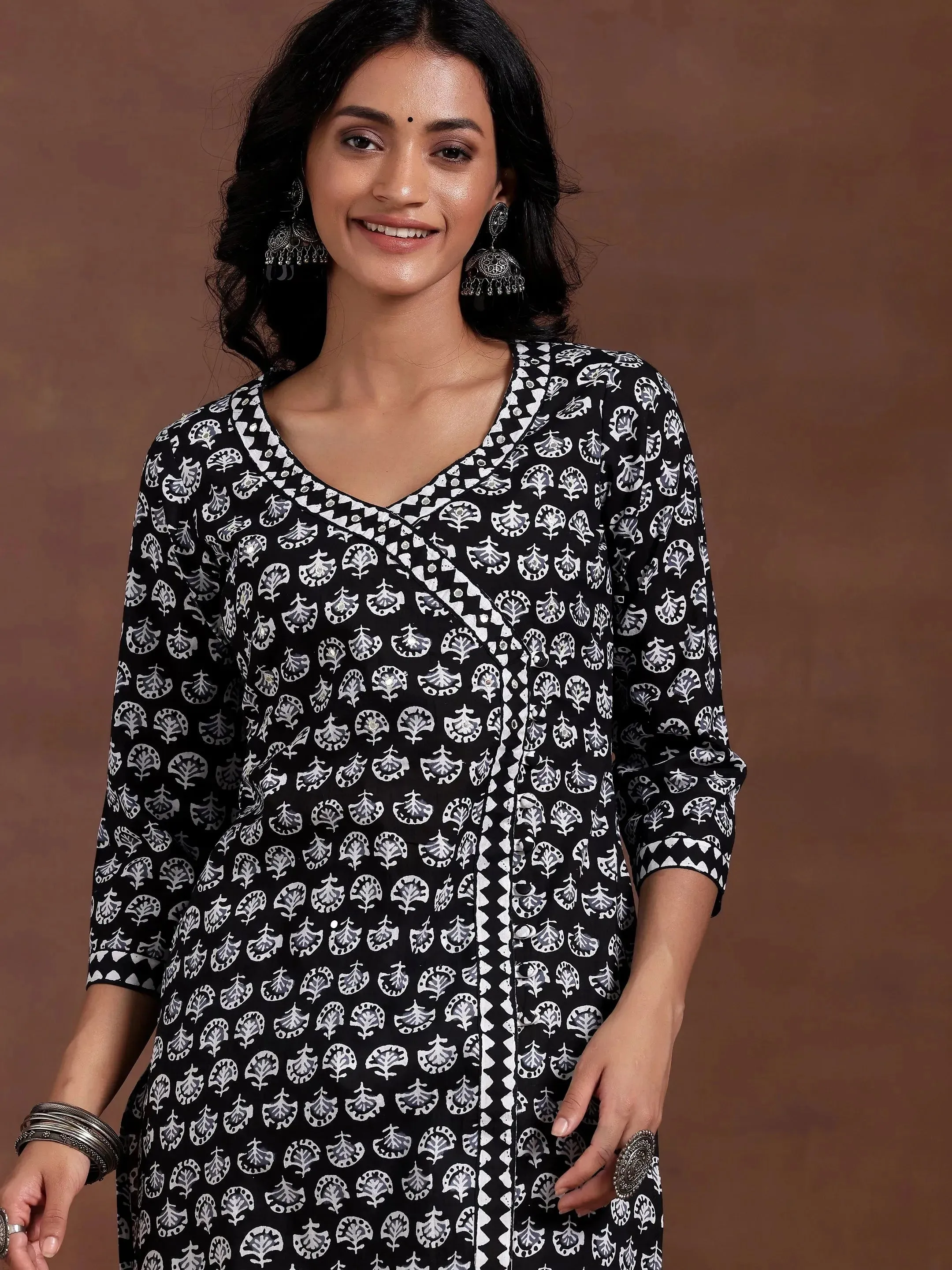 Black Printed Cotton Straight Suit With Dupatta