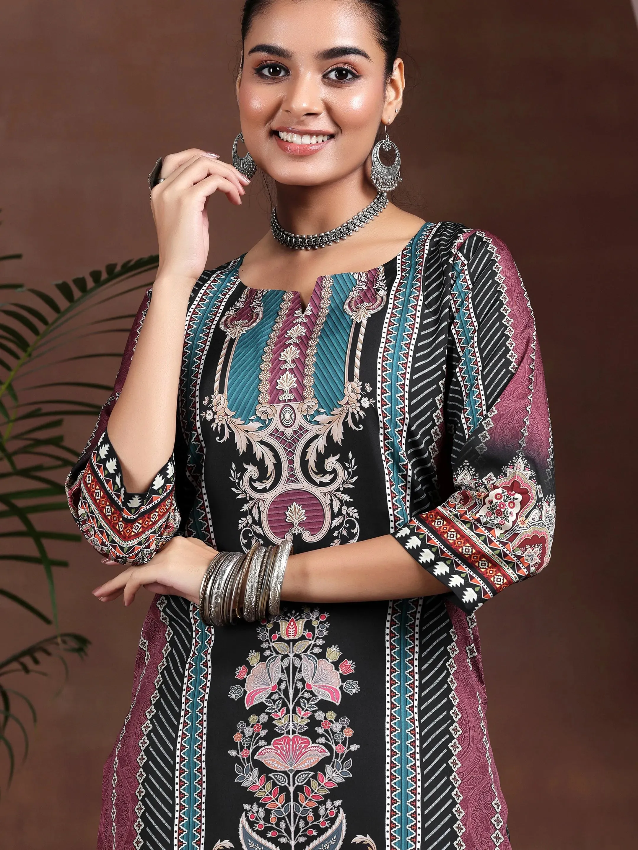 Black Printed Poly Crepe Straight Suit With Dupatta