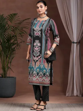 Black Printed Poly Crepe Straight Suit With Dupatta