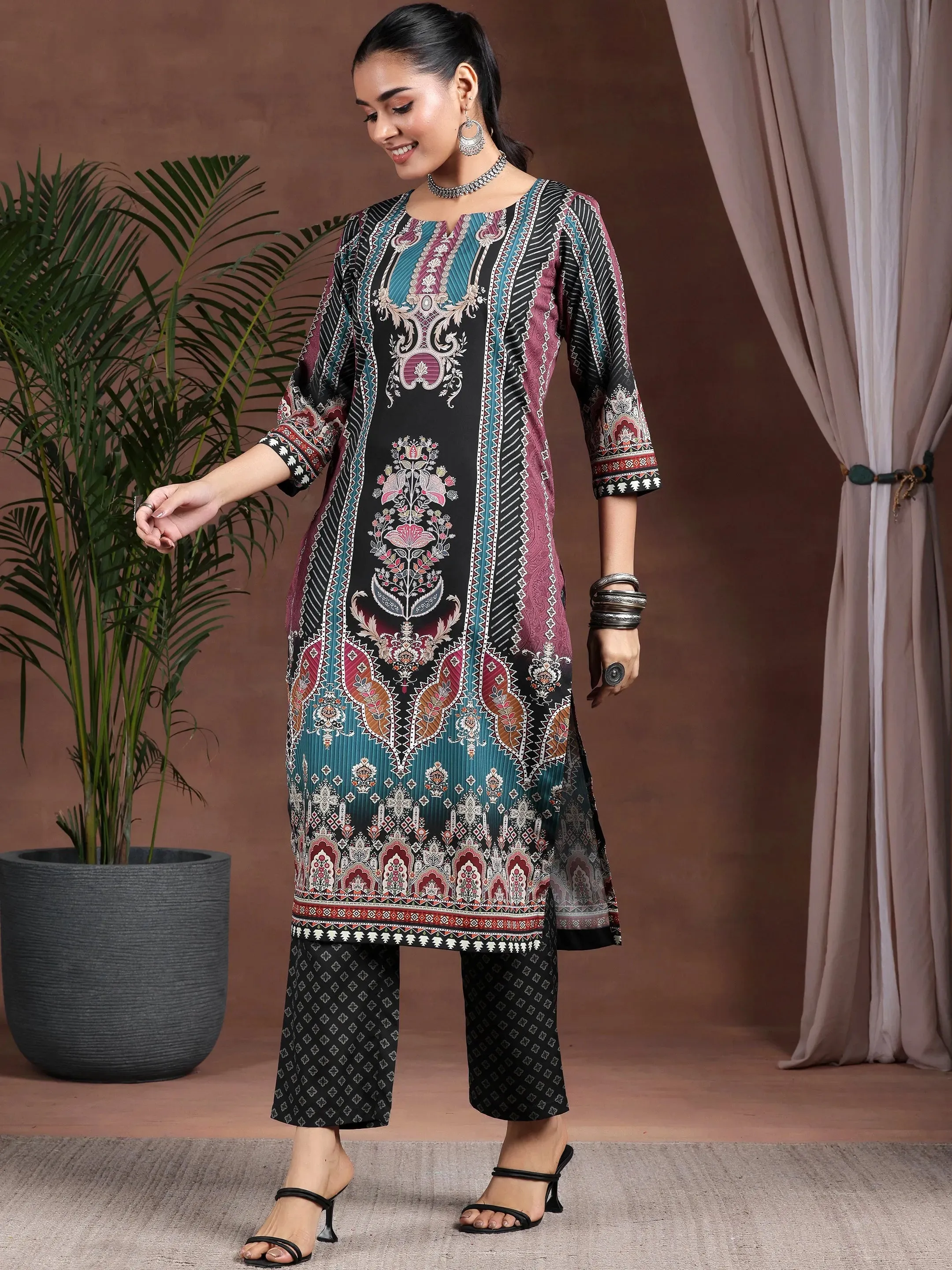 Black Printed Poly Crepe Straight Suit With Dupatta