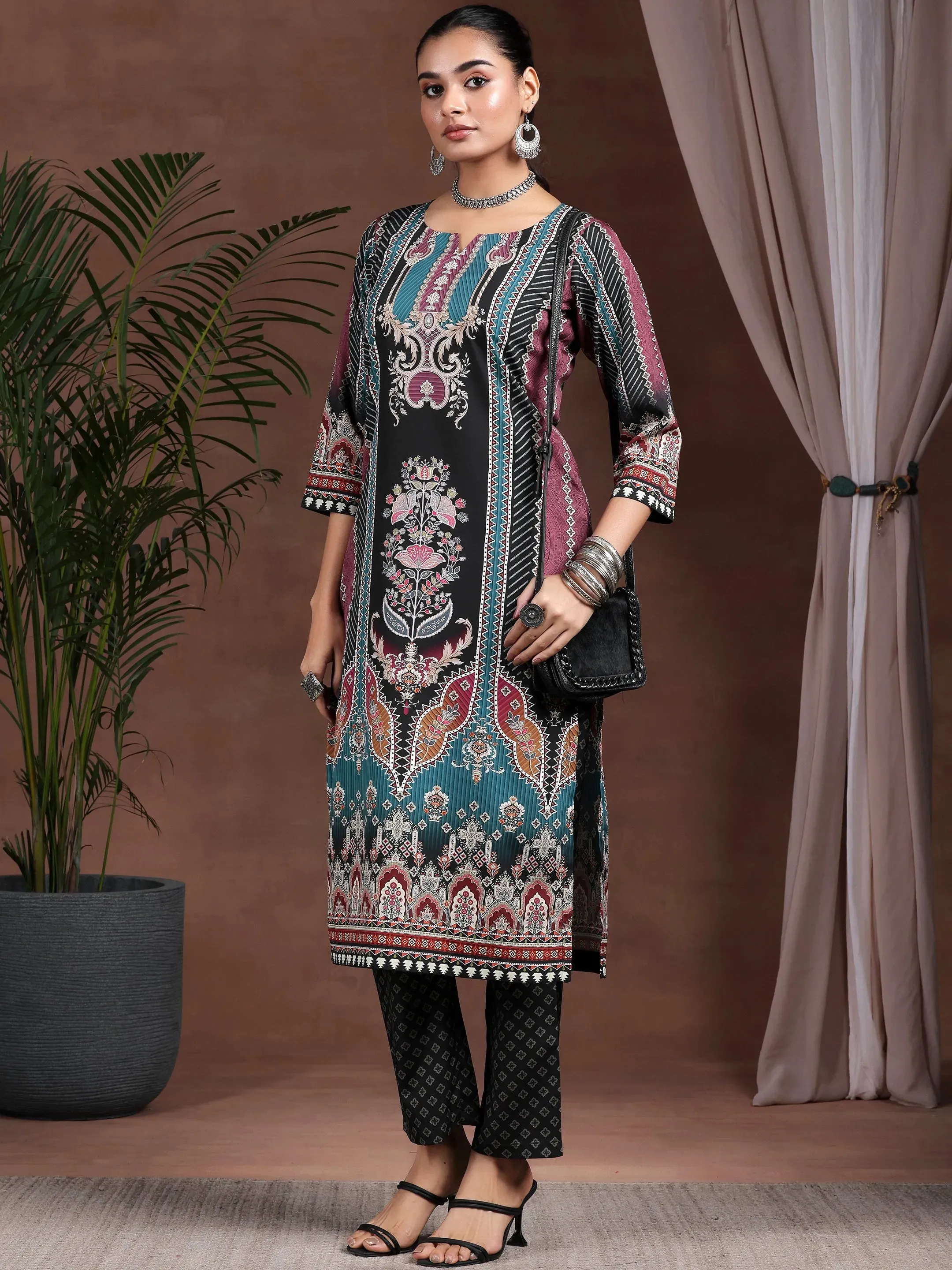 Black Printed Poly Crepe Straight Suit With Dupatta