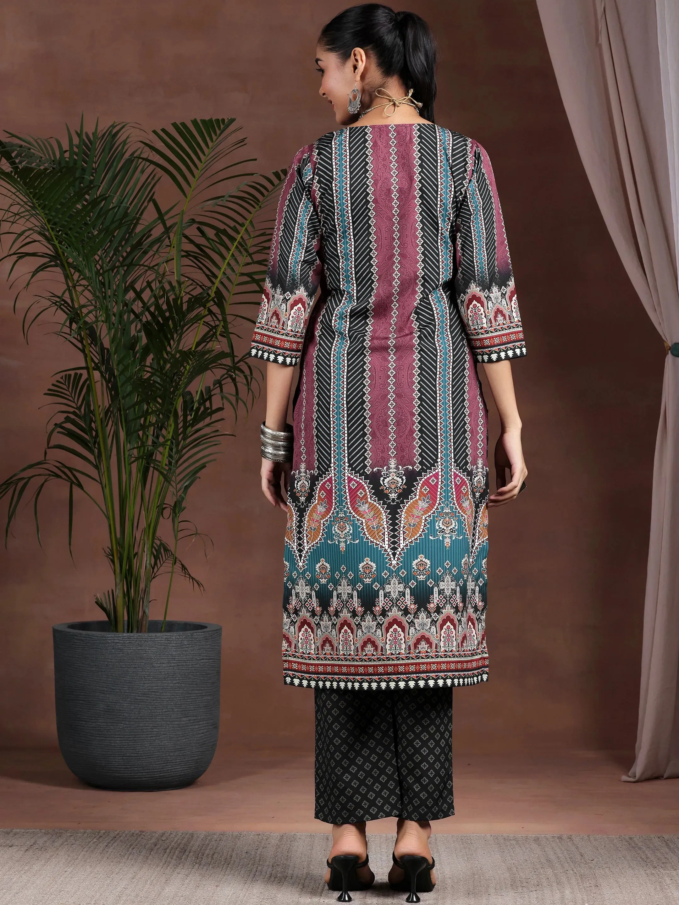 Black Printed Poly Crepe Straight Suit With Dupatta
