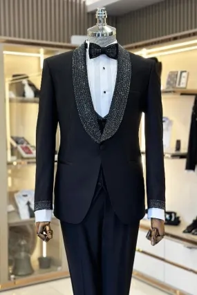 Black Sequins Lapel Three Pieces Wedding Suits Wedding Groomsmen Suit