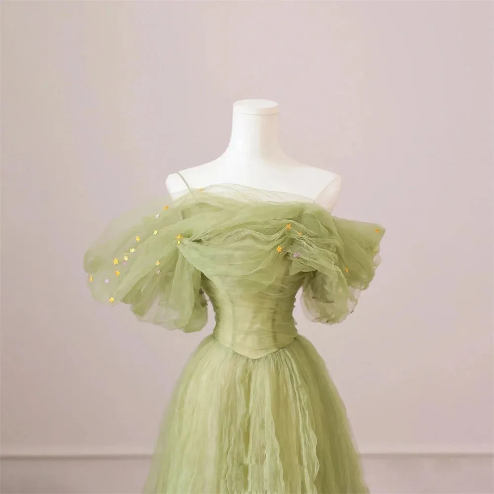 Girlary Green Beach Formal Dresses Sequined Pleat Party Dresses For Wedding Off the Shoulder Special Occasion Dresses robes soirée
