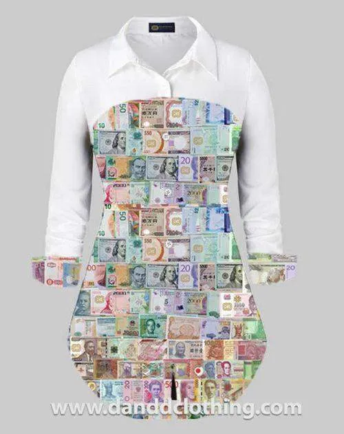 Long Office Shirt Money Print Shirt