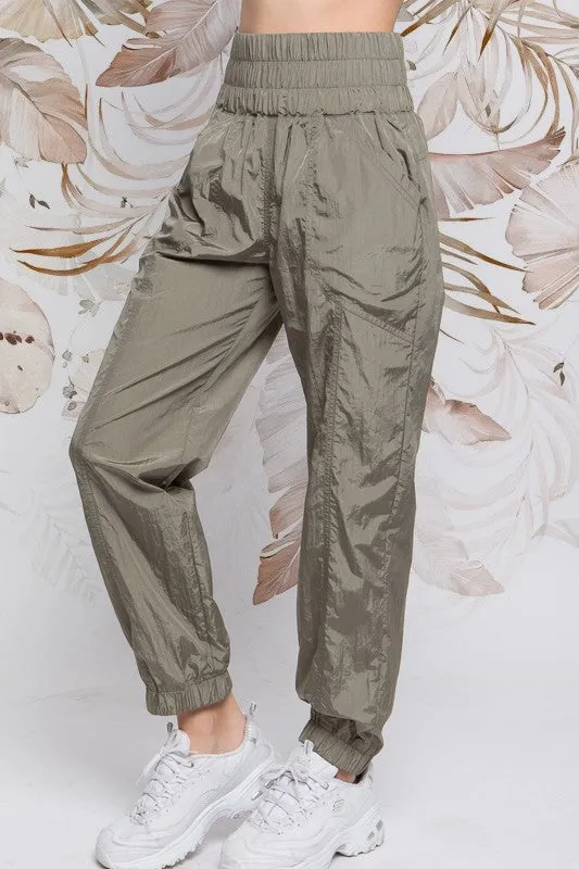 Olive Wide Smocking Waist Band Active Parachute Jogger