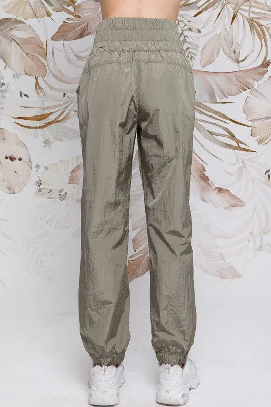 Olive Wide Smocking Waist Band Active Parachute Jogger