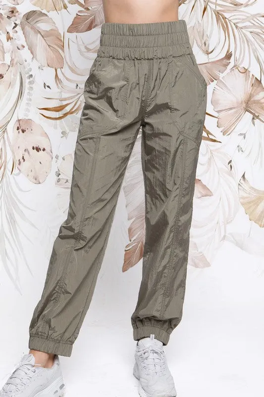 Olive Wide Smocking Waist Band Active Parachute Jogger