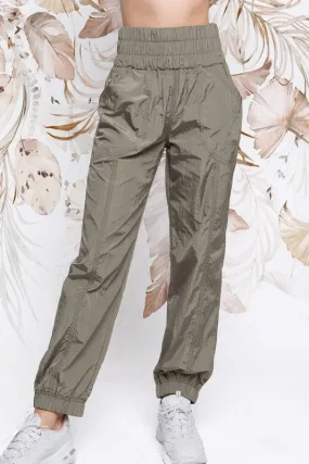 Olive Wide Smocking Waist Band Active Parachute Jogger