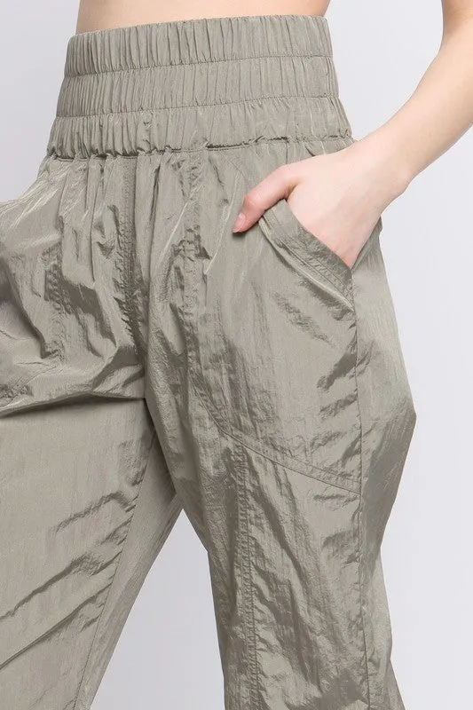 Olive Wide Smocking Waist Band Active Parachute Jogger