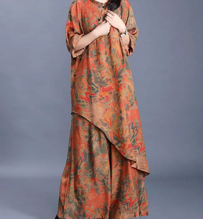 Yellow Silk Floral Women Summer Suits Loose Women Wide Legs