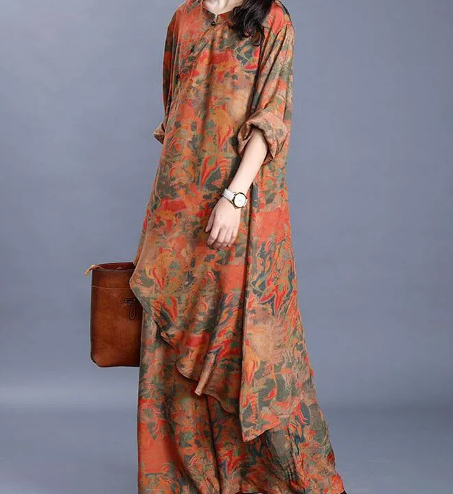 Yellow Silk Floral Women Summer Suits Loose Women Wide Legs