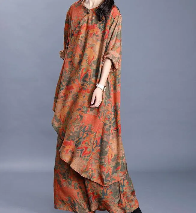 Yellow Silk Floral Women Summer Suits Loose Women Wide Legs