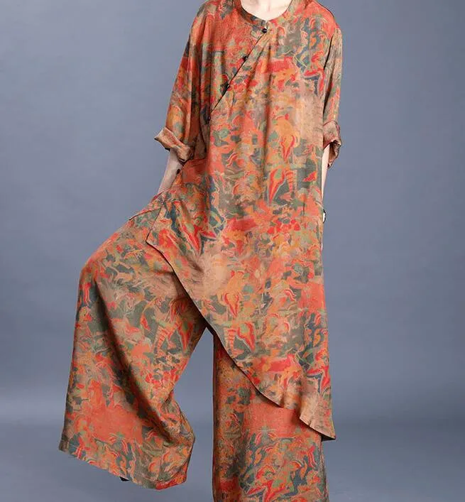 Yellow Silk Floral Women Summer Suits Loose Women Wide Legs