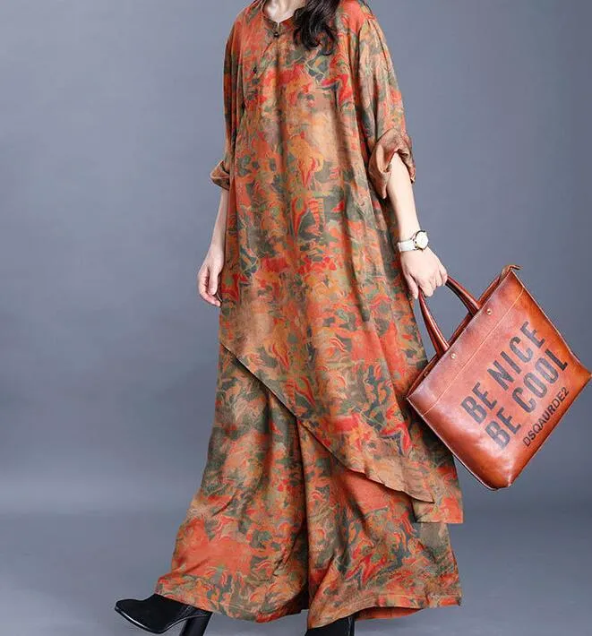 Yellow Silk Floral Women Summer Suits Loose Women Wide Legs