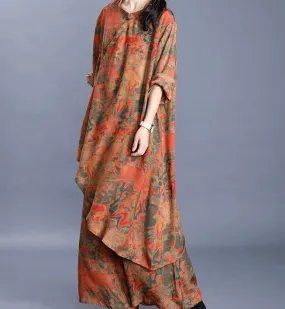 Yellow Silk Floral Women Summer Suits Loose Women Wide Legs